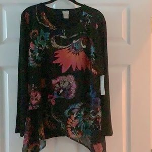 Chicos sz 2 multi colored chiffon like front, stretchy black sleeves and back.